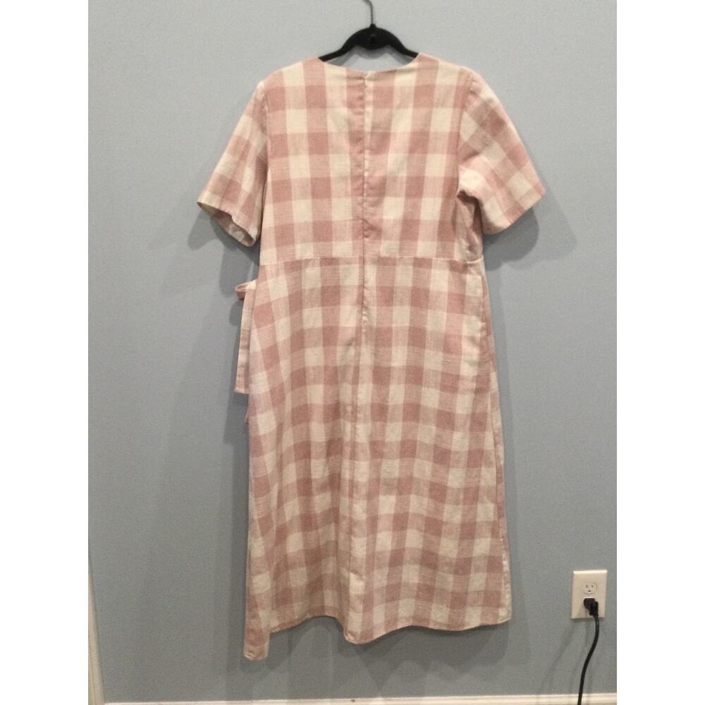 Sweet Salt Womens Faux Wrap Linen Blend Midi Dress XL Pink Gingham Modest Fall - Picture 4 of 9